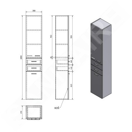 Aqualine Zoja - Armoire suspendue avec panier 350x1840x290 mm, gauche, blanc 51230