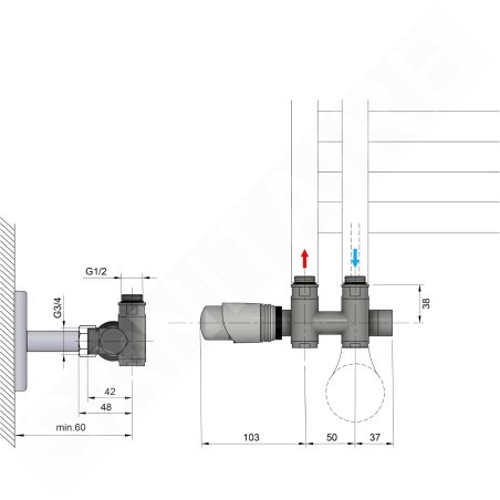 Bruckner Wicher - Kit de raccordement thermostatique, raccord central 50 mm, noir mat 600.331.6