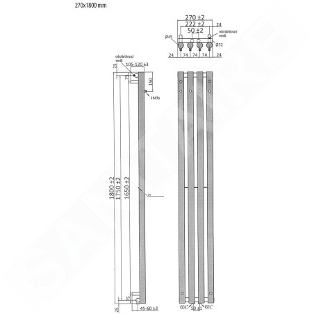 Sapho Chauffage - Corps de chauffe Pilon, 270x1800 mm, blanc mat IZ121