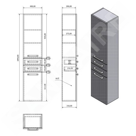 Aqualine Vega - Armoire suspendue avec panier 400x1840x310 mm, blanc VG180