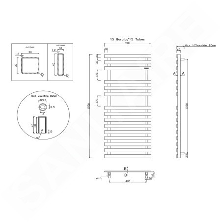 Sapho Truva - Corps de chauffe 500x1200 mm, 400 W, inox brossé NR312