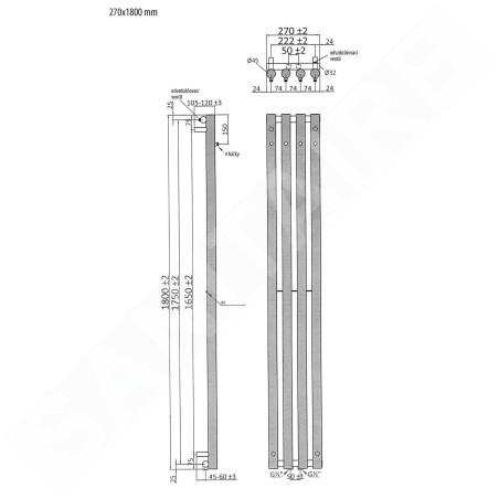 Sapho Chauffage - Corps de chauffe Pilon, 270x1800 mm, chrome IZ120
