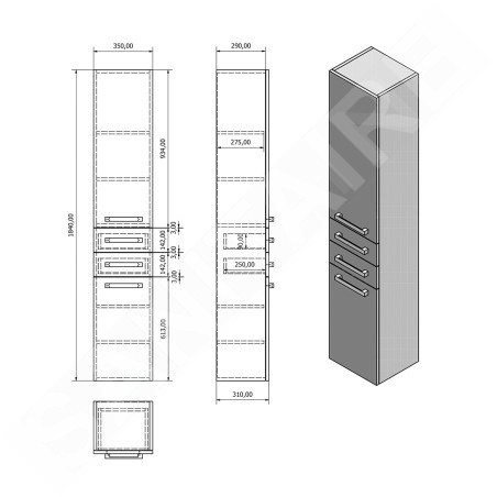 Aqualine Vega - Armoire haute, 350x1840x310 mm, chêne platine VG985