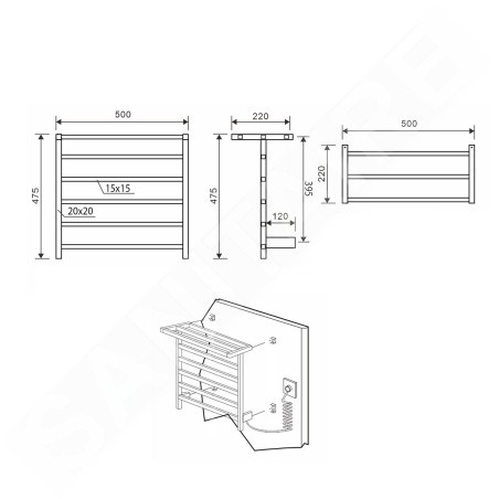 Sapho Chauffage - Séchoir électrique de serviettes Elzor 500x470 mm, 60 W, blanc mat EB500
