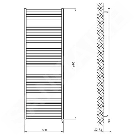 Aqualine Chauffage - Sèche-serviettes Tondi-E, 600x1690 mm, 800W, blanc DE490T