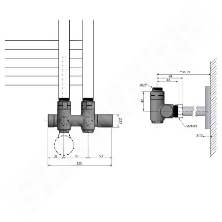 Sapho Twin Combi - Kit de raccordement de valve, raccordement central, droite, pas 50 mm, noir mat CP461BS