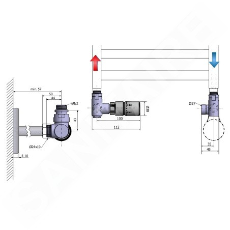 Sapho Corner Combi - Jeu de raccordement thermostatique, version gauche, noir mat CP3021BS