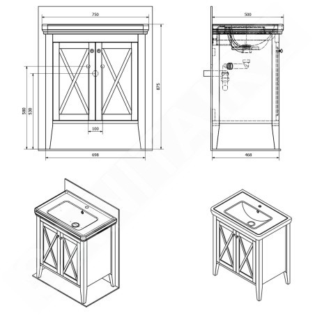 Sapho Cross - Meuble pour lavabo 70x81x47 cm, blanc CR275