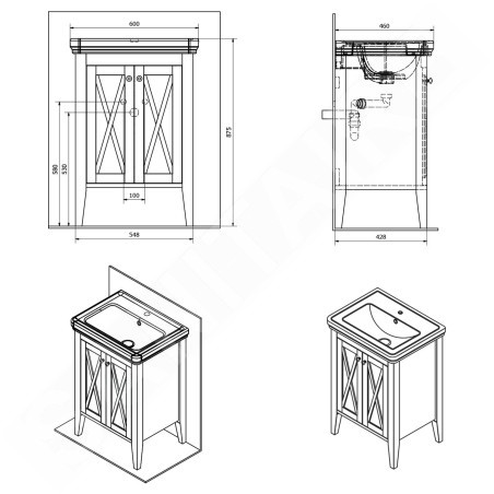 Sapho Cross - Meuble-vasque 550x810x430 mm, 2 portes, vieux blanc CR260