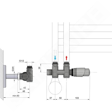 Bruckner Wicher - Kit de raccordement thermostatique, raccordement central 50 mm, blanc 600.331.4