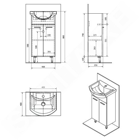 Aqualine Zoja - Meuble lavabo 420x740x250 mm, 2 portes, blanc 51045A