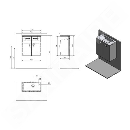 Aqualine Zoja - Meuble lavabo 490x500x245 mm, 2 portes, blanc 51047A