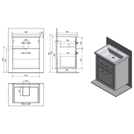 Aqualine Favolo - Meuble lavabo 615x725x440 mm, 2 tiroirs, blanc mat FV265
