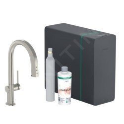 Hansgrohe Aqittura M91 - Mitigeur d'évier avec bec extractible, SodaSystem, sBox, simili inox 76806800