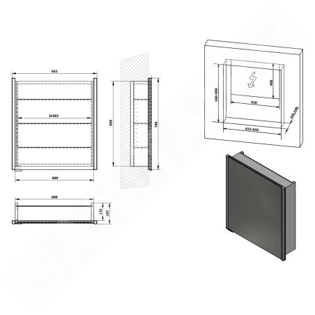 Sapho Integra - Armoire de toilette encastrée avec éclairage LED, 652x700 mm, miroir/alu titane IN065