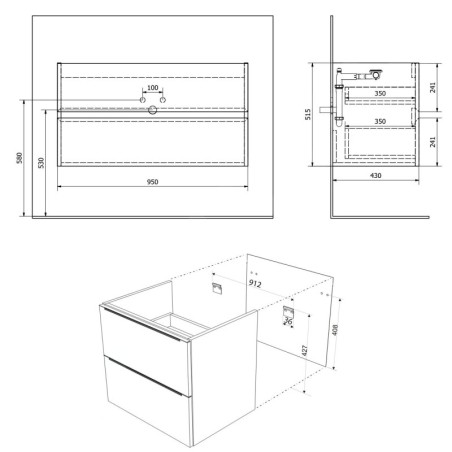 Sapho Filena - Meuble pour lavabo, 950x515x430 mm, 2 tiroirs, chêne FID1210D