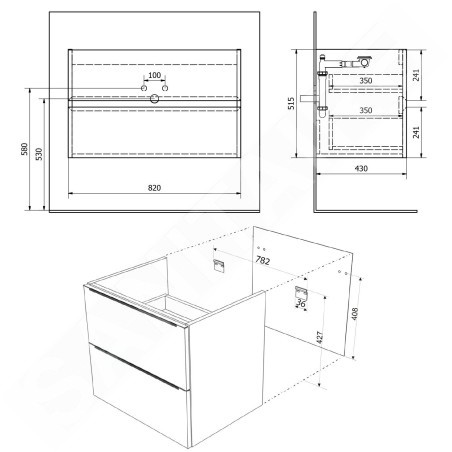 Sapho Filena - Meuble pour lavabo, 820x515x430 mm, 2 tiroirs, chêne FID1285D