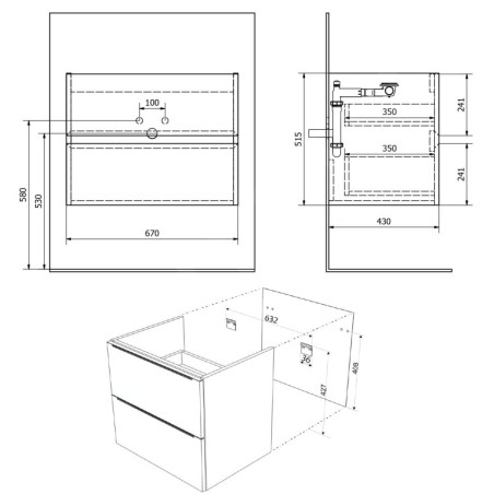 Sapho Filena - Meuble pour lavabo, 670x515x430 mm, 2 tiroirs, chêne FID1270D