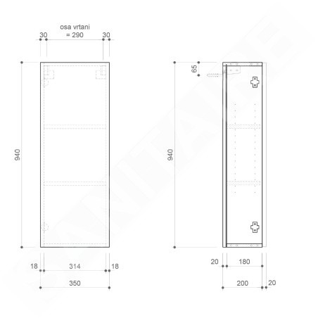 Sapho Espace - Armoire 350x940x220 mm, 1 porte gauche/droite, blanc mat ESC110-3131