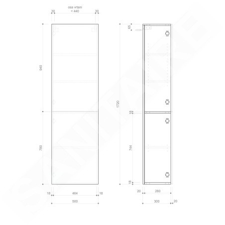 Sapho Espace - Armoire, 500x1720x320 mm, 2 portes, blanc brillant ESC450-3030