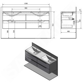 Sapho Wave - Meuble double-lavabo 1500x500x480 mm, blanc/chêne argenté WA150-3011