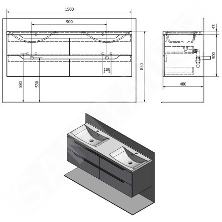 Sapho Wave - Meuble double-lavabo 1500x500x480 mm, blanc/chêne argenté WA150-3011