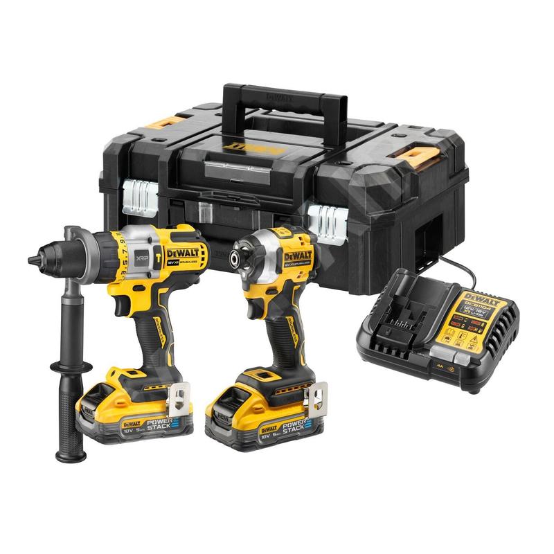 DeWALT Outillage - Set perceuse à percussion et clé à choc sans fil 18V, 2 batteries 5,0 Ah POWERSTACK, chargeur DCK2052H2T DeWALT Outillage - Set perceuse à percussion et clé à choc sans fil 18V, 2 batteries 5,0 Ah POWERSTACK, chargeur DCK2052H2T