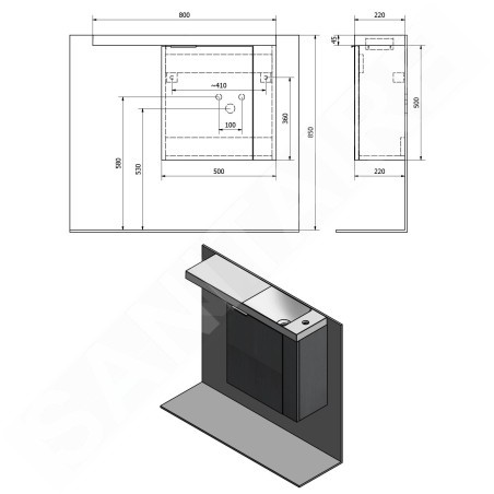 Sapho Latus - Meuble lavabo 500x500x220 mm, droite, blanc LT610-3030