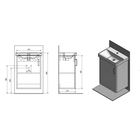 Sapho Theia - Meuble lavabo 510x700x350 mm, version gauche, blanc TH057-3030