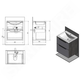 Sapho Wave - Meuble lavabo 600x650x480 mm, 2 tiroirs, blanc/chêne argenté WA060-3011