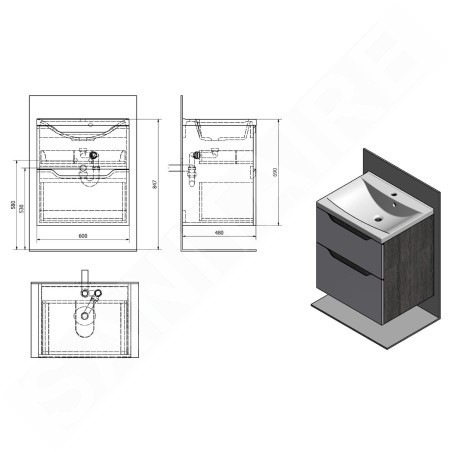 Sapho Wave - Meuble lavabo 600x650x480 mm, 2 tiroirs, blanc/chêne argenté WA060-3011