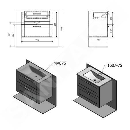 Sapho Amia - Meuble lavabo 745x600x450 mm, 2 tiroirs, chêne Texas AM075-2020