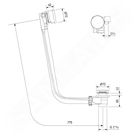 Polysan Accessoires - Garniture de vidage et de trop-plein pour baignoire, avec alimentation, longueur 775 mm, chrome 71685