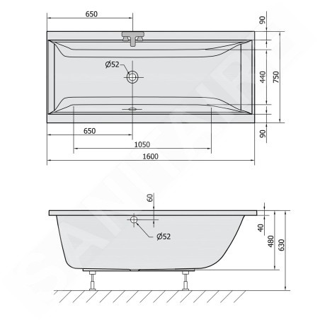 Polysan Baignoires - Baignoire rectangulaire CLEO, 1600 x 750 x 480 mm, blanc 93611