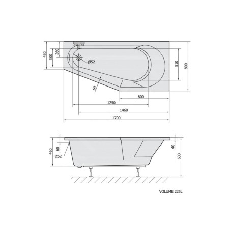 Polysan Baignoires - Baignoire asymétrique Tigra R, 1700 x 800 x 460 mm, blanc 90611