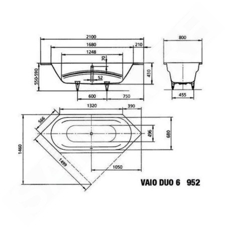 Kaldewei Ambiente - Baignoire Vaio Duo 6 952, 2100x800 mm, avec trous pour les poignées, effet Perl, blanc 233210113001