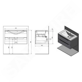 Sapho Wave - Meuble lavabo 800x450x480 mm, 2 tiroirs, blanc/chêne argenté WA080-3011