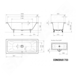 Kaldewei Avantgarde - Baignoire Conoduo 733, 1800x800 mm, trous pour poignées, Perl-Effect, blanc 235110113001