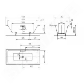 Kaldewei Ambiente - Baignoire rectangulaire Puro Duo 663, 1700x750 mm, trous pour poignées, blanc 266310110001