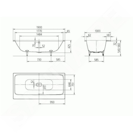 Kaldewei Avantgarde - Baignoire rectangulaire Asymmetric Duo 744, 1900x1000 mm, avec trous pour les poignées, effet Perl, blanc
