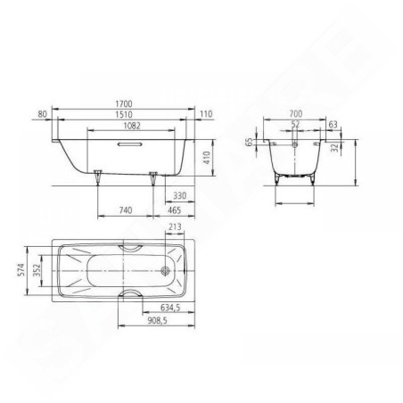 Kaldewei Advantage - Baignoire rectangulaire Cayono Star 755, 1700x700 mm, avec trous pour poignées, effet Perl, blanc