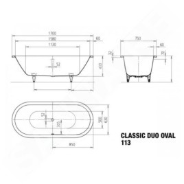 Kaldewei Ambiente - Baignoire Classic Duo Oval 113, 1700x750 mm, avec trous pour les poignées, antidérapant sur toute la