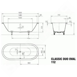 Kaldewei Ambiente - Classic Duo Oval 112, 1600x700 mm, antidérapant, effet perl, blanc 291330003001
