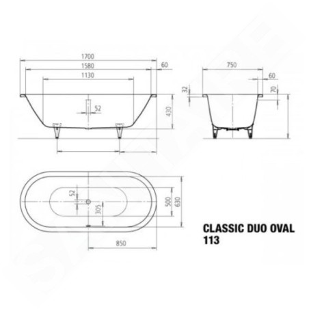 Kaldewei Ambiente - Classic Duo Oval 113, 1700x750 mm, avec trous pour les poignées, blanc 291410110001