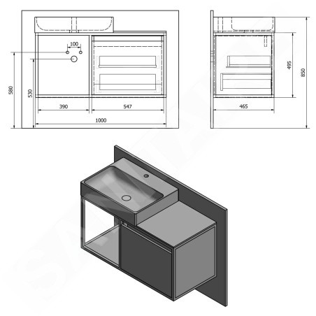Sapho Skara - Meuble lavabo, 1000x495x465 mm, Collingwood chêne/noir mat CG004-1919