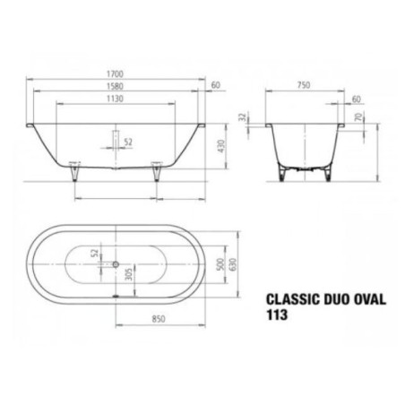 Kaldewei Ambiente - Classic Duo Oval 113, 1700x750 mm, Perl-Effect, blanc 291400013001
