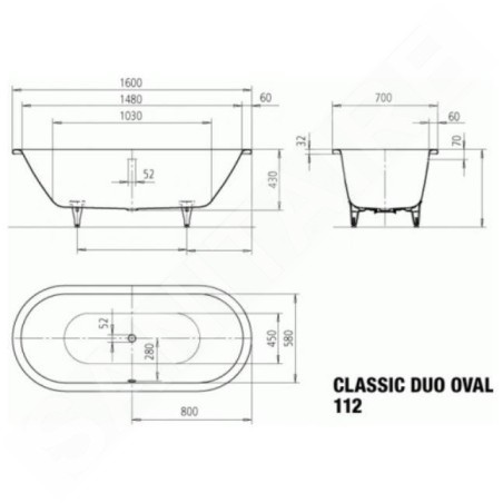 Kaldewei Ambiente - Classic Duo Oval 112, 1600x700 mm, avec trous pour les poignées, antidérapant, blanc 291310220001