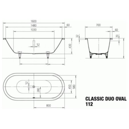 Kaldewei Ambiente - Classic Duo Oval 112, 1600x700 mm, Effet Perl, blanc 291300013001