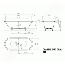 Kaldewei Ambiente - Baignoire ovale Classic Duo 111, 1800x800 mm, avec trous pour les poignées, effet Perl, antidérapant, blanc