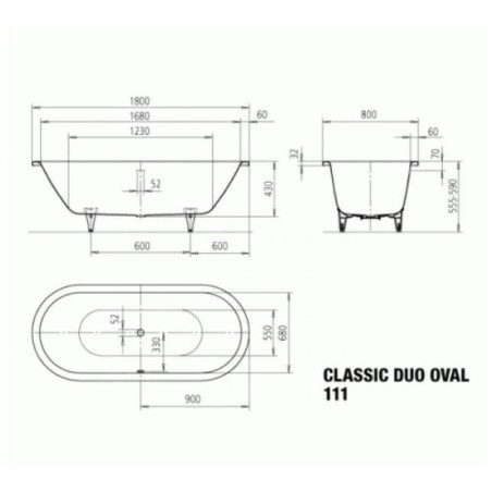 Kaldewei Ambiente - Baignoire ovale Classic Duo Oval 111, 1800x800 mm, antidérapante sur toute la surface, blanche 291234010001